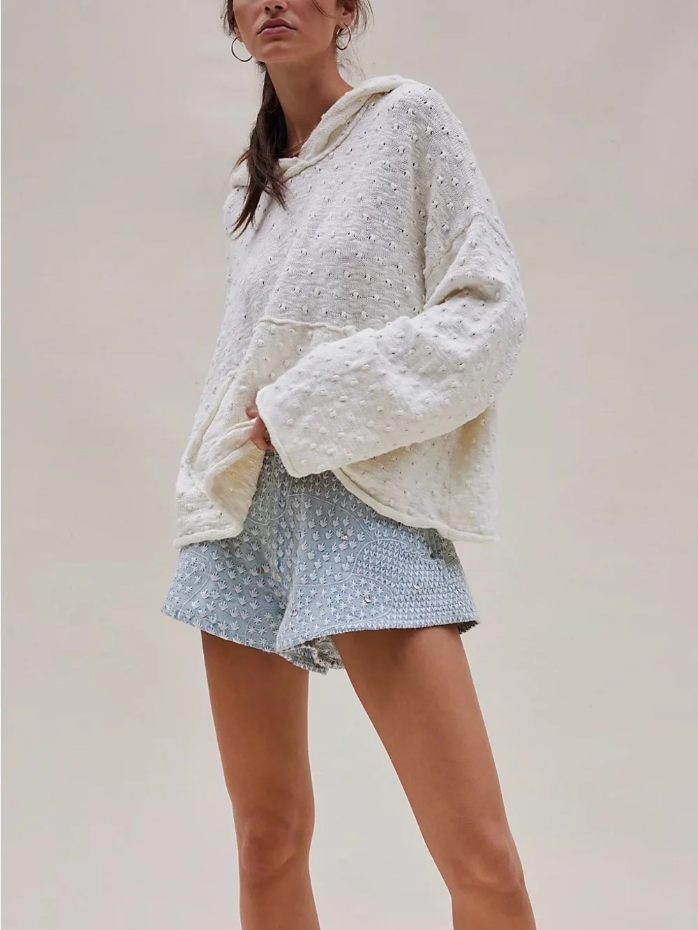 Free People Cream Hooded Textured Sweater